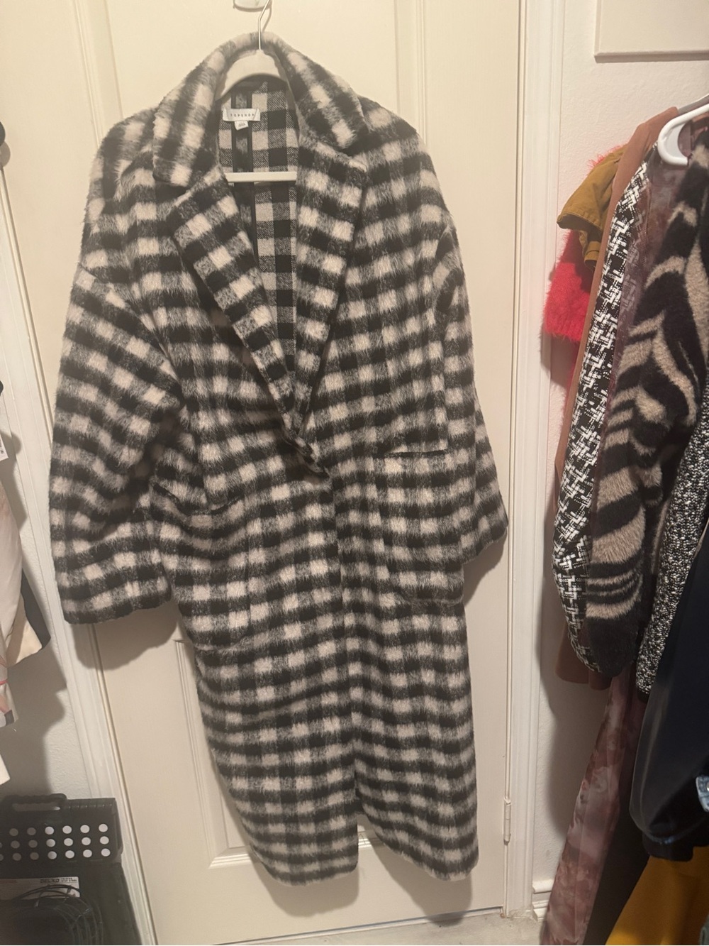 Topshop checkered Long Coat - Black & White Plaid